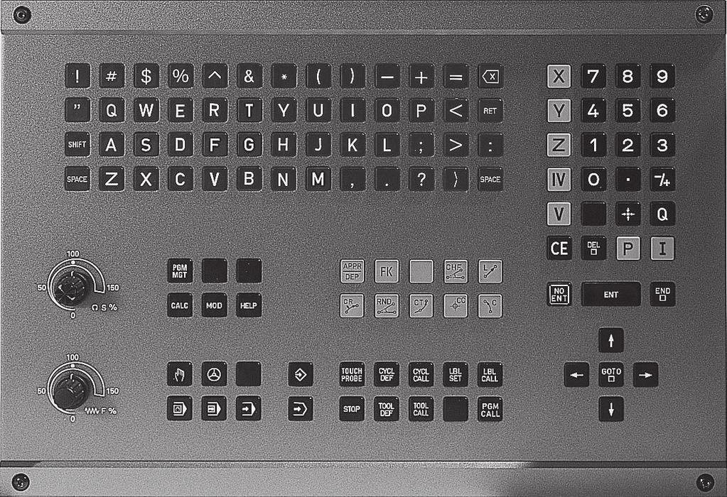 Keyboard The figure at right shows the keys of the keyboard grouped according to their functions: Alphanumeric keyboard for entering texts and file names, as well as for programming in ISO format