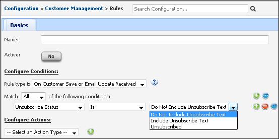 You can use the Add Unsubscribe Status condition in a Customer Management rule to perform an action such as changing a customer profile field
