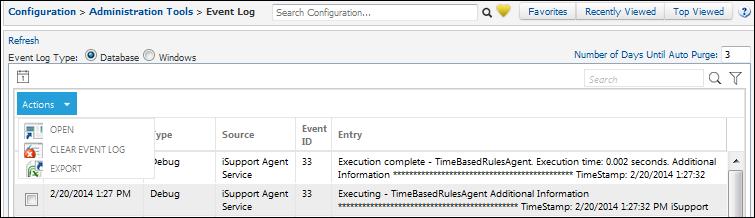 Open, Clear Event Log, and Export view actions are also included.