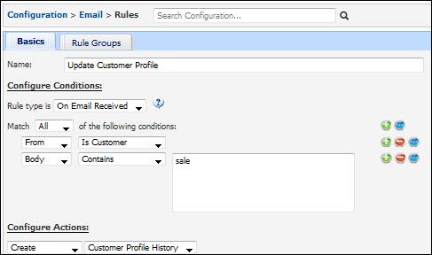 The Email Rule screen is shown below. Conditions operate on email fields; Is Any Customer and Is Not Any Customer comparison methods are now included within the From condition option.
