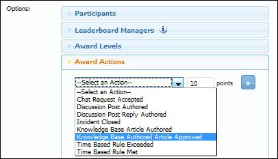 A Knowledge Base Authored Article Approved award action has been added to Leaderboard component configuration.
