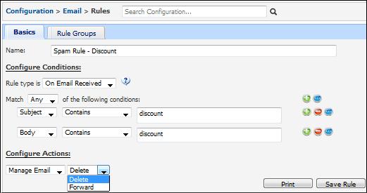 You can use the Manage Email rule actions to delete or forward an incoming email based on specified conditions.