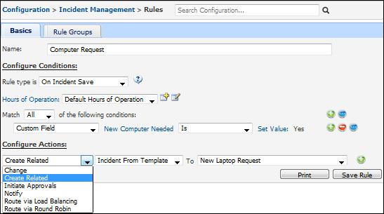 New Conditions and Actions Create Related Work Item Action for Incident and Change Rules You can now configure an incident or change rule to create a related work item using a