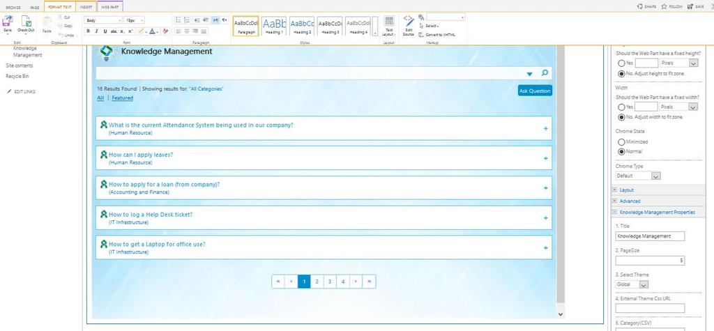 Figure 30: KM Web-part 3.8.1 Ask a Question 1. User can simply click on the Ask Question button to post a new question 2. Add category & sub-category to the question 3. Click on Save button. 3.8.2 Search for keywords 1.