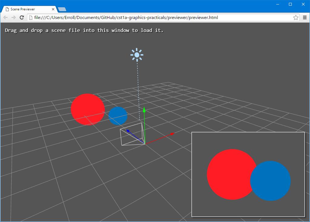 Figure 3: You can drag and drop scene files into the online scene previewer. The camera is the white wireframe pyramid positioned at the origin.