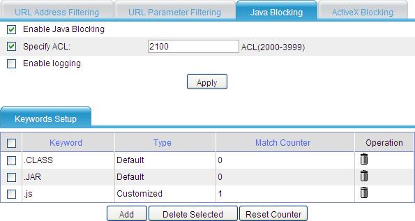 Figure 42 Java blocking configuration results The above information indicates that the URL parameter filtering keyword group and the Java blocking keyword.js have been matched once respectively.