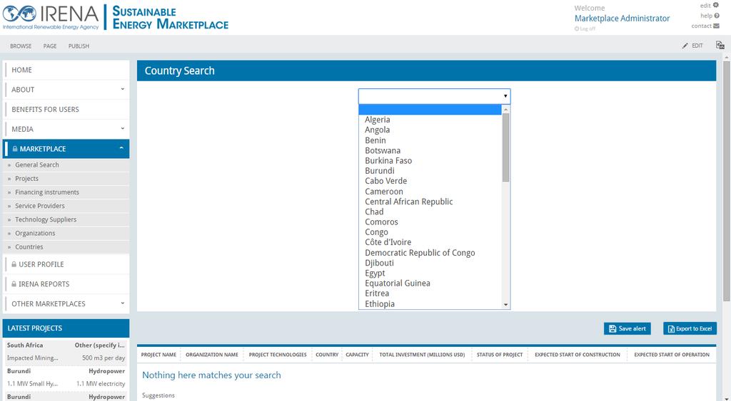 3.5 Country Search The country search function allows the user to look for information regarding a specific country (policies, regulatory frameworks and resources).