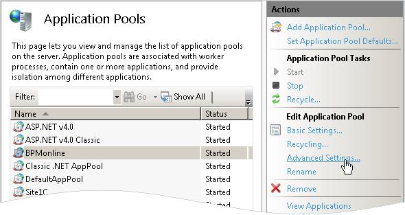 Deploying BPMonline On-Site Application 16 Fig. 11 Editing the Application Pool Parameters 10. In the opened window, change the value in the [Idle Time-out (minutes)] field to 0 (Fig.