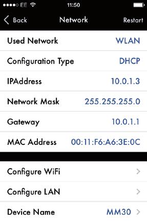 Network The Network screen displays a summary of the current network settings, and provides the following MM30, NP30, or PRE60 settings: Configure WiFi Configure LAN Device Name Displays the WiFi