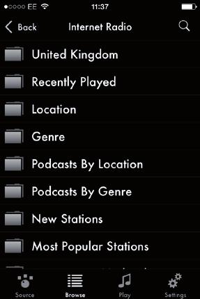 Selecting a source Playing music from internet radio Touch Internet Radio on the Select Source screen. You can now browse a directory of stations, organised by location, genre, and popularity.