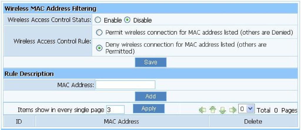 Rule: you can select permit or deny. The default is permit. MAC address: input the MAC address that you want to control. The default format is **-**-**-**-**-**(e.g.: 00-22-33-da-cc-bb).