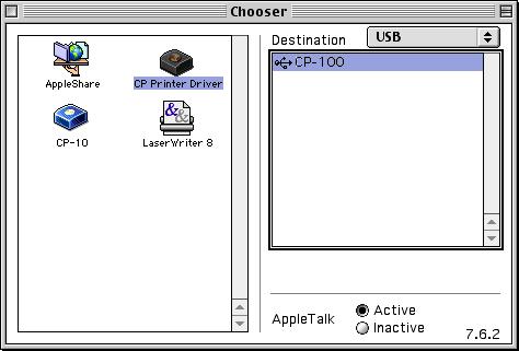 With Mac OS 8.6-9.2 Selecting a Printer with the Chooser 1 Open the (Apple) menu and select [Chooser]. 2 Click the [CP Printer Driver] icon.