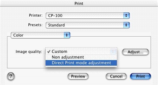 4 To adjust image quality, select either [Direct Print mode adjustment] or [Custom]. The default is [Direct Print mode adjustment].