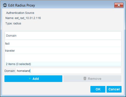For a RADIUS authentication source, the Edit Radius Proxy dialog opens: > In the Domain field of the dialog, enter a domain NetBIOS name, as it would appear in the RADIUS access request, and select