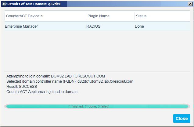 After providing the credentials and confirming, the Join Domain: Confirmation window opens and presents the following information: Join the following CounterACT device(s) to domain: <active directory