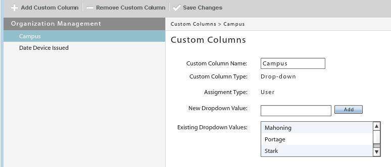 The administrator can modify custom columns in the following ways: Change the custom column name Add values to a drop-down type Decrease minimum values Increase maximum values 1.