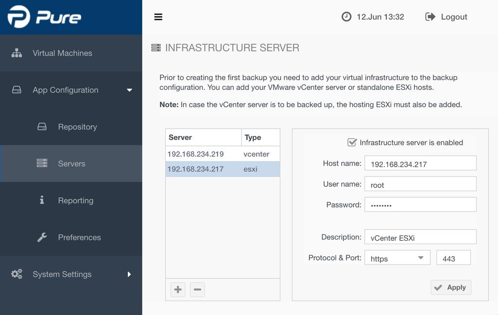 5.2.2. Configuring Infrastructure Servers Archiware Pure can be configured to protect virtual machines managed by multiple vcenter or ESXi servers.