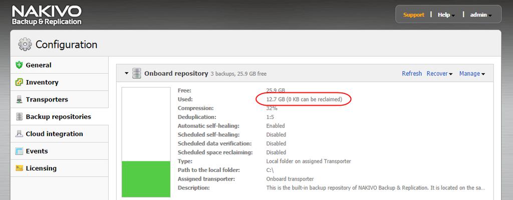 Reclaiming free space can take the same amount of time as copying the entire Backup Repository to the storage where it is located (that is, if your repository size is 500 GB, reclaiming free space