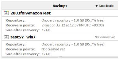 The Backups Widget The Backups widget displays the list of backups which are created (or will be created) by the job: The following data is displayed: Names of backups Repository where a backup is
