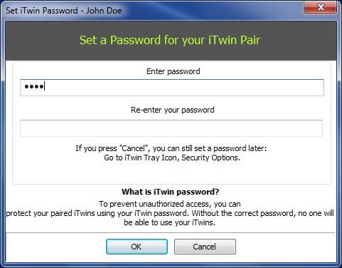 2. Password After itwin Pair Initialization, click on the itwin icon in the taskbar notification area and select Set Security Options followed by Set itwin Password.