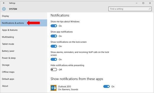 choose System. Step 2: In the SYSTEM window, select Notifications & actions.