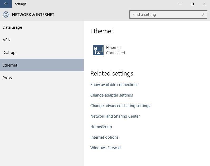 In the NETWORK & INTERNET window, click on Ethernet to see the settings of your connection.