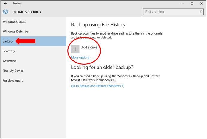 Step 2: In the UPDATE & SECURITY window, select Backup