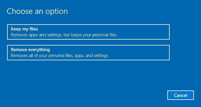 Step 4: The next window, will ask you whether you want to reset your settings and applications, but still keep your personal files, or just remove