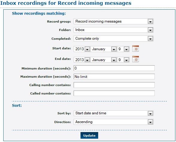 Call Recording 5. Enter the needed search parameters. Click Update. The system displays a list of recordings that match the search criteria. 6. To download a recording, click its link. 7.