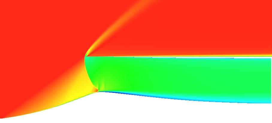 Fig. 3.3: Mach number contours along the top dead center plane of the baseline, on-design, low-boom inlet flow field showing the curved shock, spillage around the cowl (corresponding to 1.