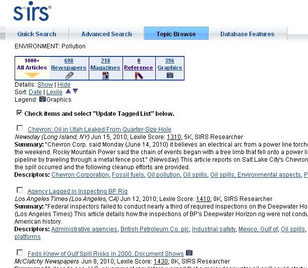 If you click on Contents, SIRS Issues Researcher will bring up all articles related to the subtopic.