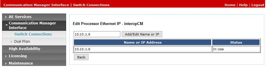 Click the Edit PE/CLAN IPs button on the Switch Connections screen to configure the procr or CLAN IP Address(es) for TSAPI message traffic.