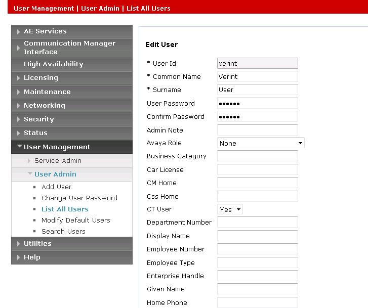 6.4. Configure CT User In the Navigation Panel, select User Management User Admin Add User. The Add User panel will display as shown below.