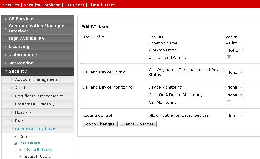 On the Edit CTI User panel, check the Unrestricted Access box and click the Apply Changes button.