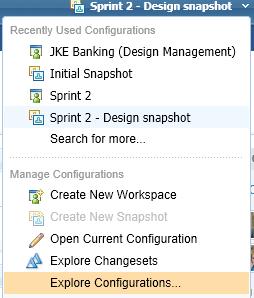 6. In the Current Configuration Context menu, select JKE Banking (Design Management) from the list. The Explorer page refreshes.