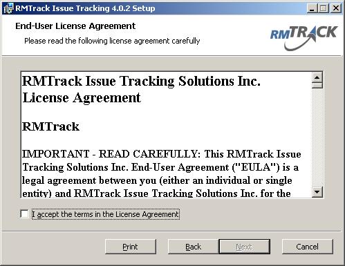 License Agreement This is the RMTrack End User License Agreement (EULA). Please read it carefully. A downloadable version of the EULA is available from www.rmtrack.com/downloads.