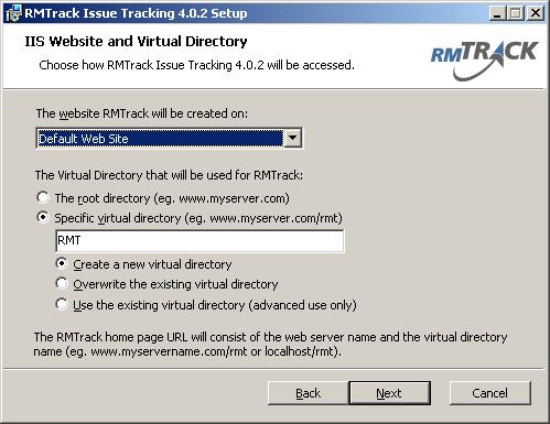 IIS Website and Virtual Directory The website configuration screen is only shown if you ve clicked the Change Website button and allows you to change what URL to access RMTrack.
