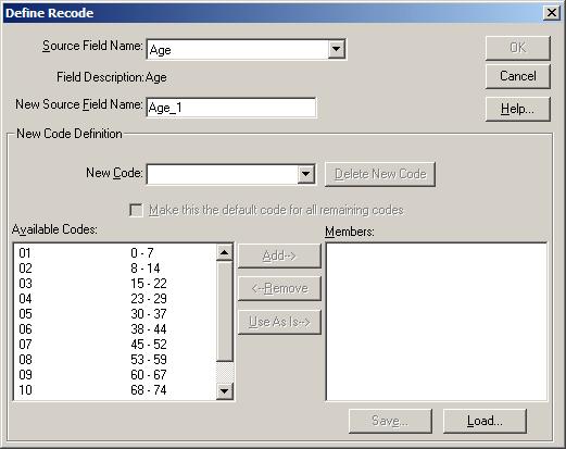 Define Recode dialog box In an extract view, use to create a new source field containing a redistribution of the items from an existing source field.