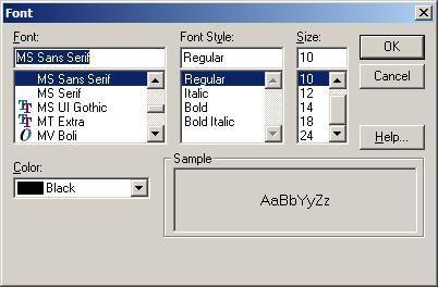 Font dialog box Use to format text in a chart view. To open: Double-click on any text in a chart. Options: Font Select the name of the font you want to use for the selected text.