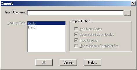 Import dialog box Use to initiate one of the following actions: Import labels into a dimension view from a comma-separated value, dbase III, ASCII, or dimension definition file (IVD).