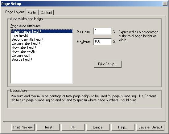 Page Setup dialog box (221) Print Preview dialog box (231) Page Layout tab Options Page Area Attributes Select an attribute to apply values to.