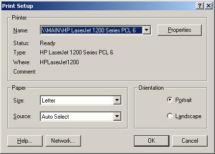 Print Setup dialog box Use to select printer properties. To open: In the Page Layout tab of the Page Setup Dialog Box, do one of the following: Click Print Setup. Press Alt, R.