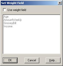 Set Weight Field dialog box Use to choose a weight field. A weight field is a numeric source field that contains weighting factors that will be used during the creation of a table or extract.