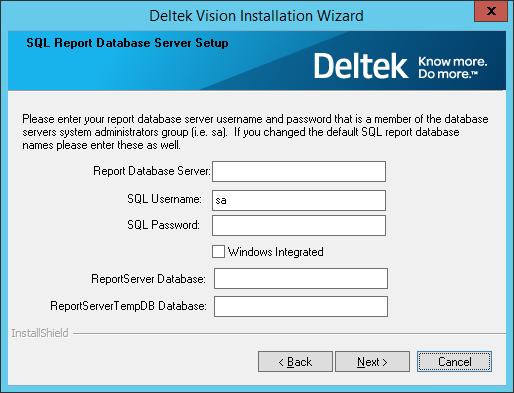 SQL Report Server Database Setup Connection Screen If setup is unable to connect to the ReportServer Database Server or to identify the Reporting Services databases, then it may display the following