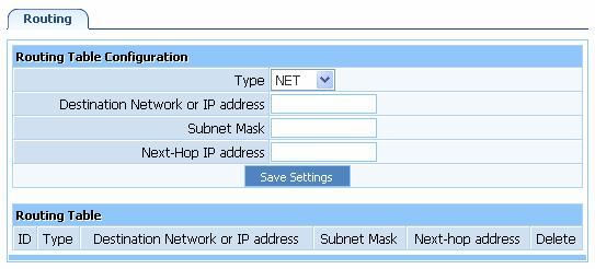 4.11 Routing Most of broadband router and wireless router are using NAT mode, so this feature is designed for most common network environment Destination Network or IP Address Specify a certain