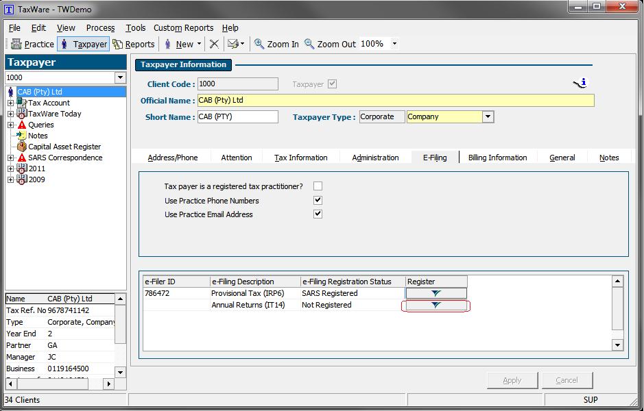 Getting Started in TaxWare 2009 Taxpayer Registration On the taxpayer screen under the E-Filing tab the user has the option to register