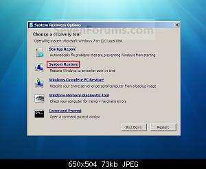 Using your retail Windows 7 installation disc or System Repair Disc, boot to the System Recovery Options screen. 2. Select the System Restore option. (see screenshot below) That's it, Shawn 3.