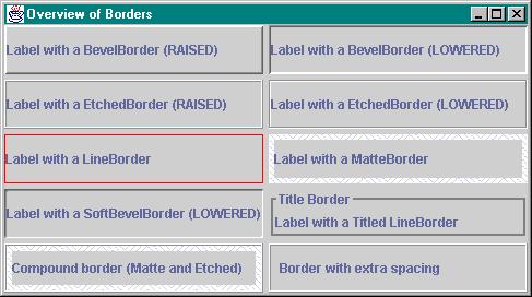 Java by Definition Chapter 6: Swing and Multimedia Page 28 of 122 labels[6] = new JLabel("Label with a SoftBevelBorder (LOWERED)"); labels[6].setborder(new SoftBevelBorder(BevelBorder.