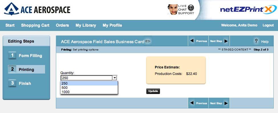 TOPIC: Printing Printing Options This page displays the Printing Options available for this product. Use the drop down list to select the quantity desired.