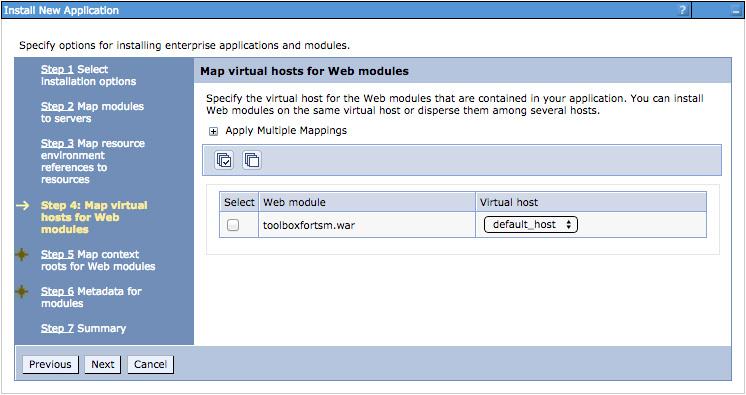 7. On the Map Virtual hosts for Web modules panel click